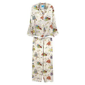 Nick & Nora Cream & Pink 100% Silk Pajama Set | Classic Theme